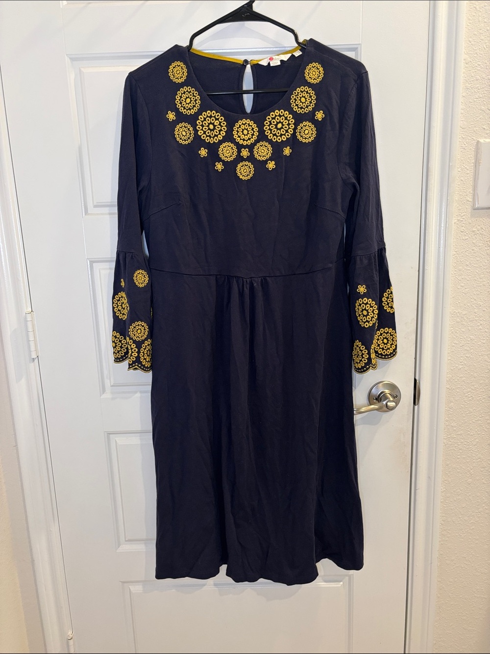 Boden Navy Embroidered Midi Dress Long Sleeve Cotton Modal US 10L
